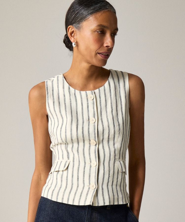 Crewneck Vest in Striped Linen