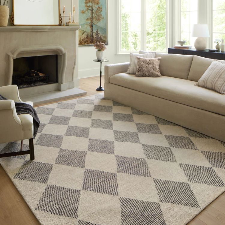 Wool Beige Checkered Rug
