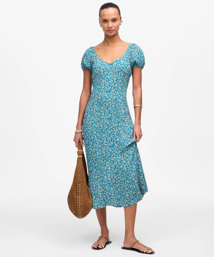 Cap-Sleeve Midi Dress in Floral