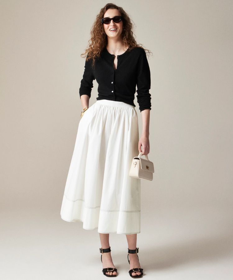 Poplin Contrast-Stitch Midi Skirt