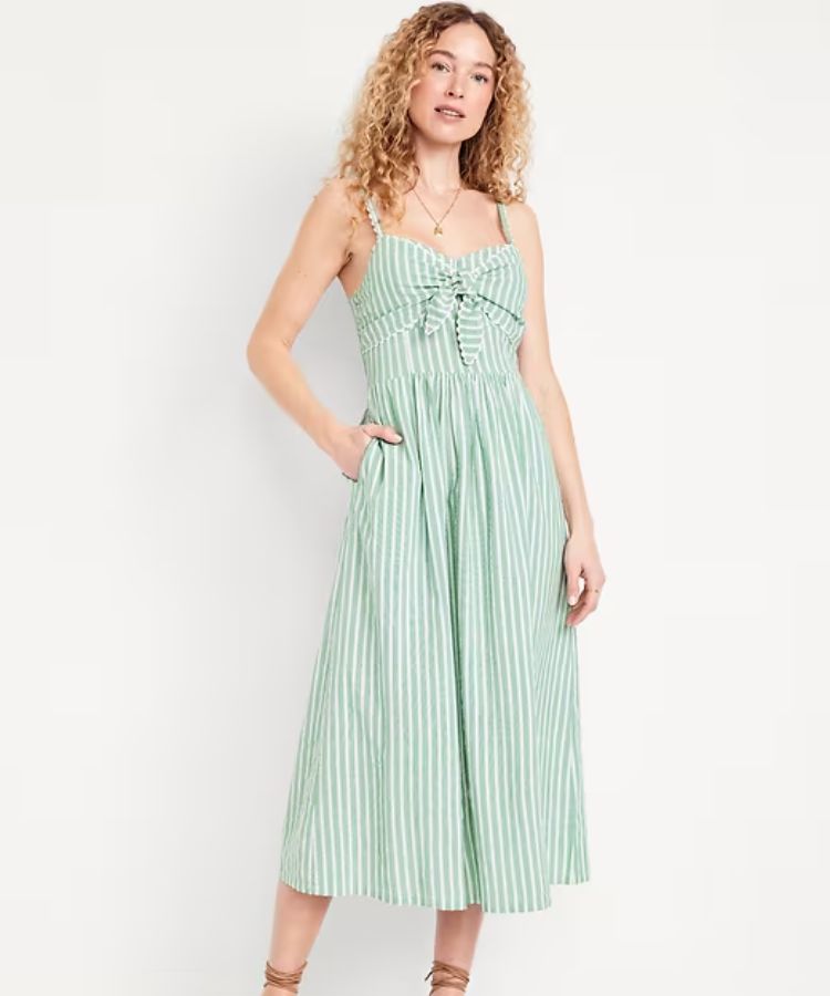Tie-Front Seersucker Midi Dress