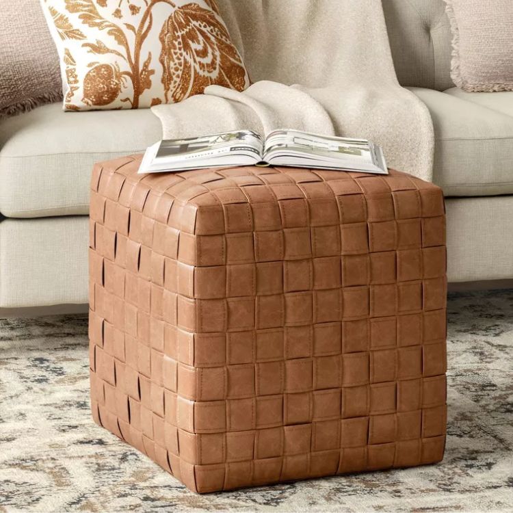 Faux Leather Woven Cube Ottoman